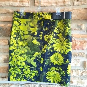 Micheal Kors Pensil Skirt Green Black Floral Belted Lined Sz 10